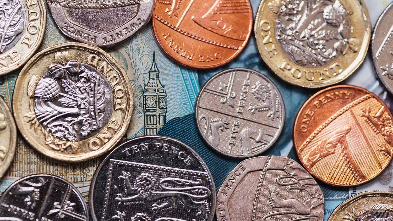 British coins flat on a table