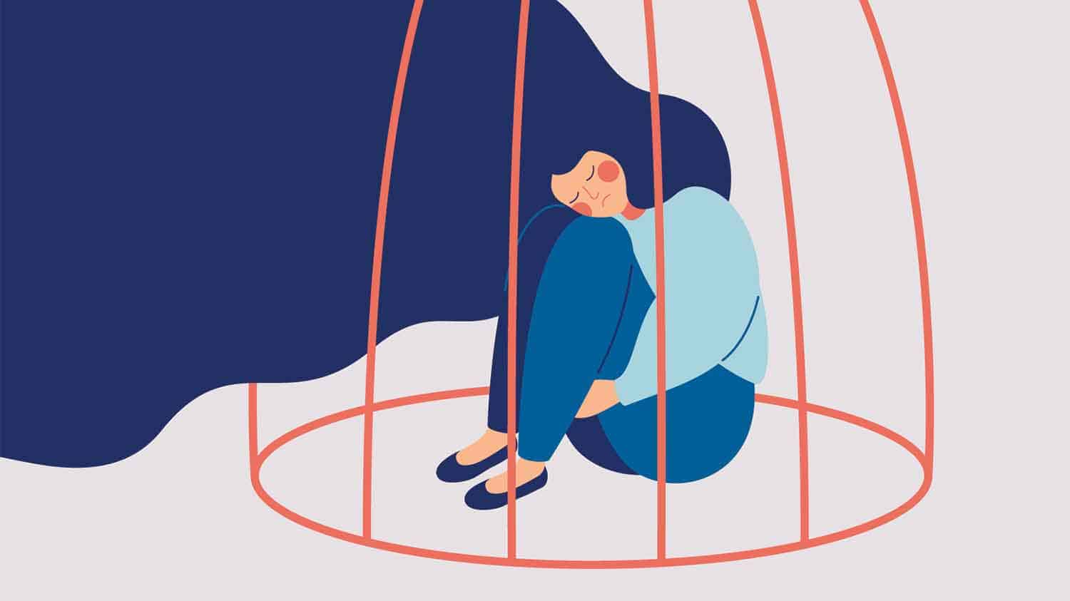 Graphic of a woman alone in a cage