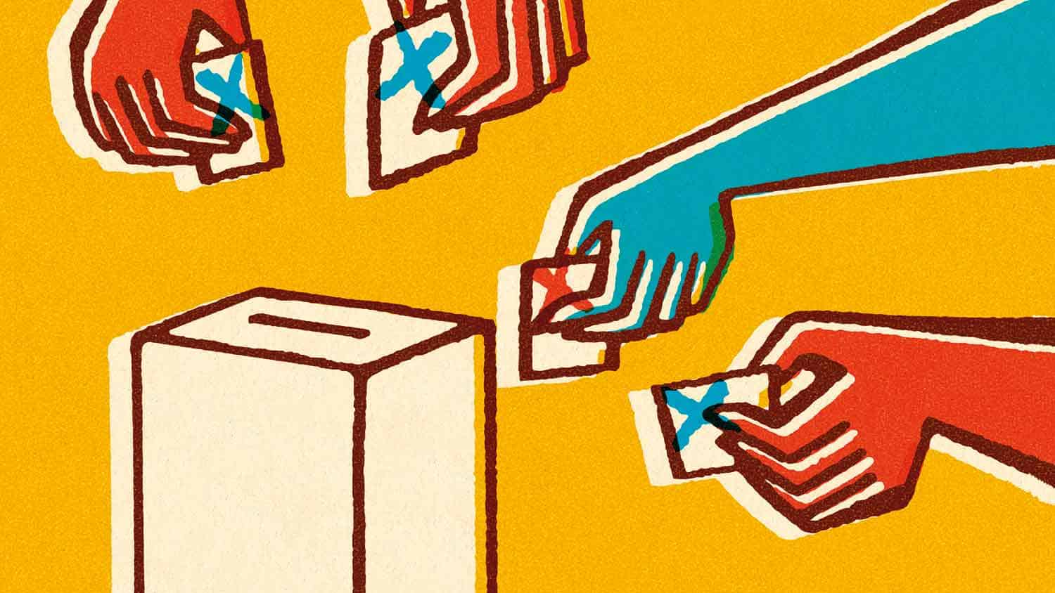 Cartoon hands going to a ballot box