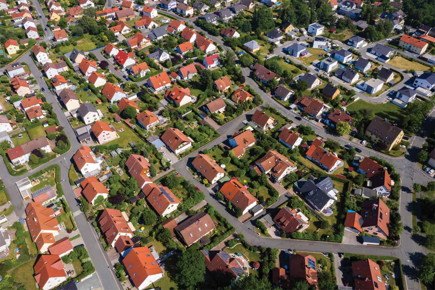 An aerial shot of many houses