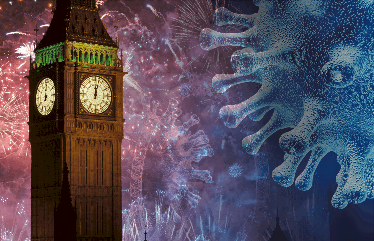 A graphic image of big ben on New years eve, with the covid germ hovering next to it