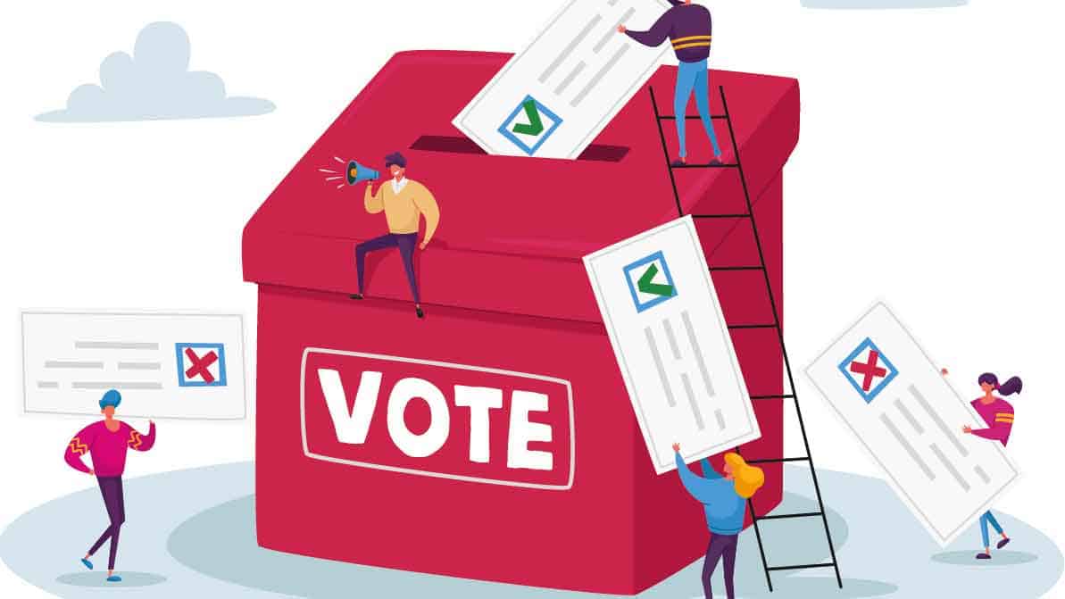 Voting box with ballots going in (cartoon)