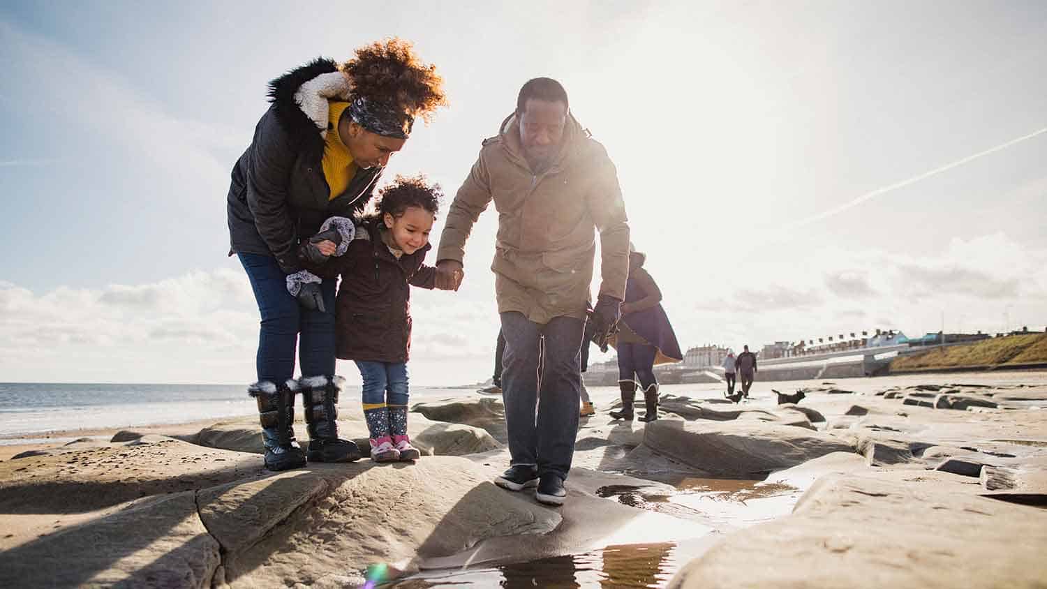 Family at the seaside looking into a rockpool