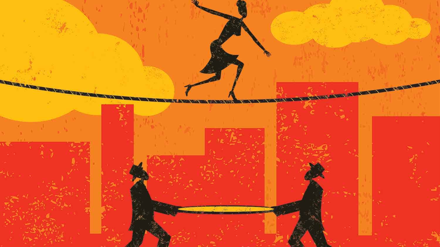 Cartoon image of a woman on a tightrope and two men underneath ready to catch her with a net