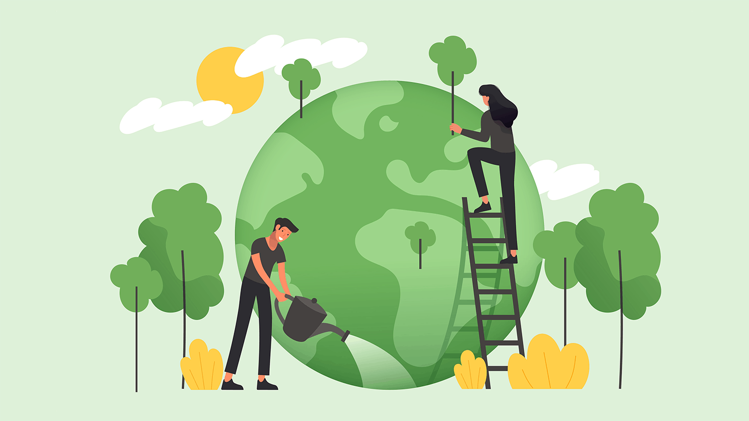 Cartoon man and a woman watering and repairing the earth (coloured green)