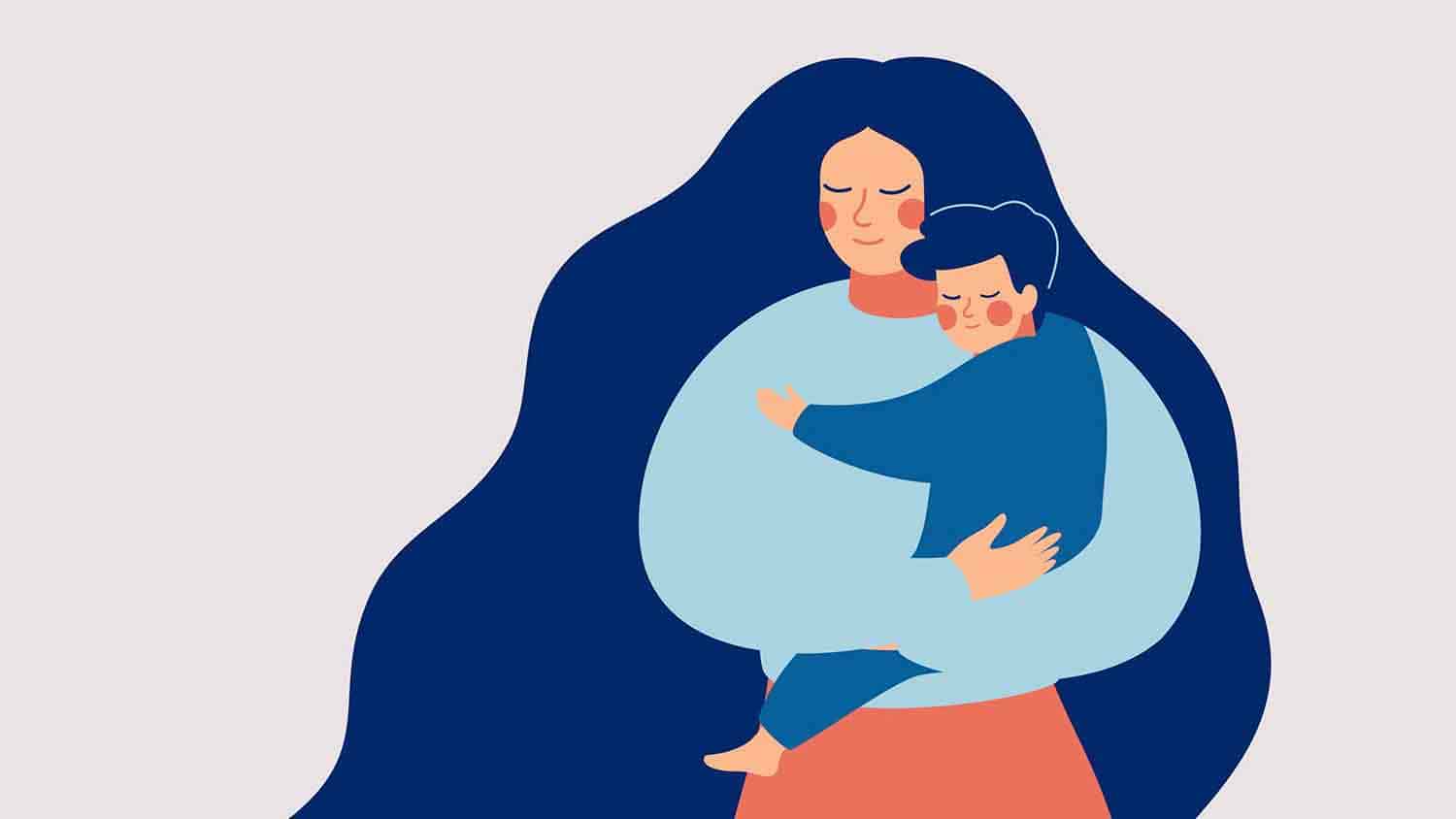 Cartoon of a mother hugging a toddler