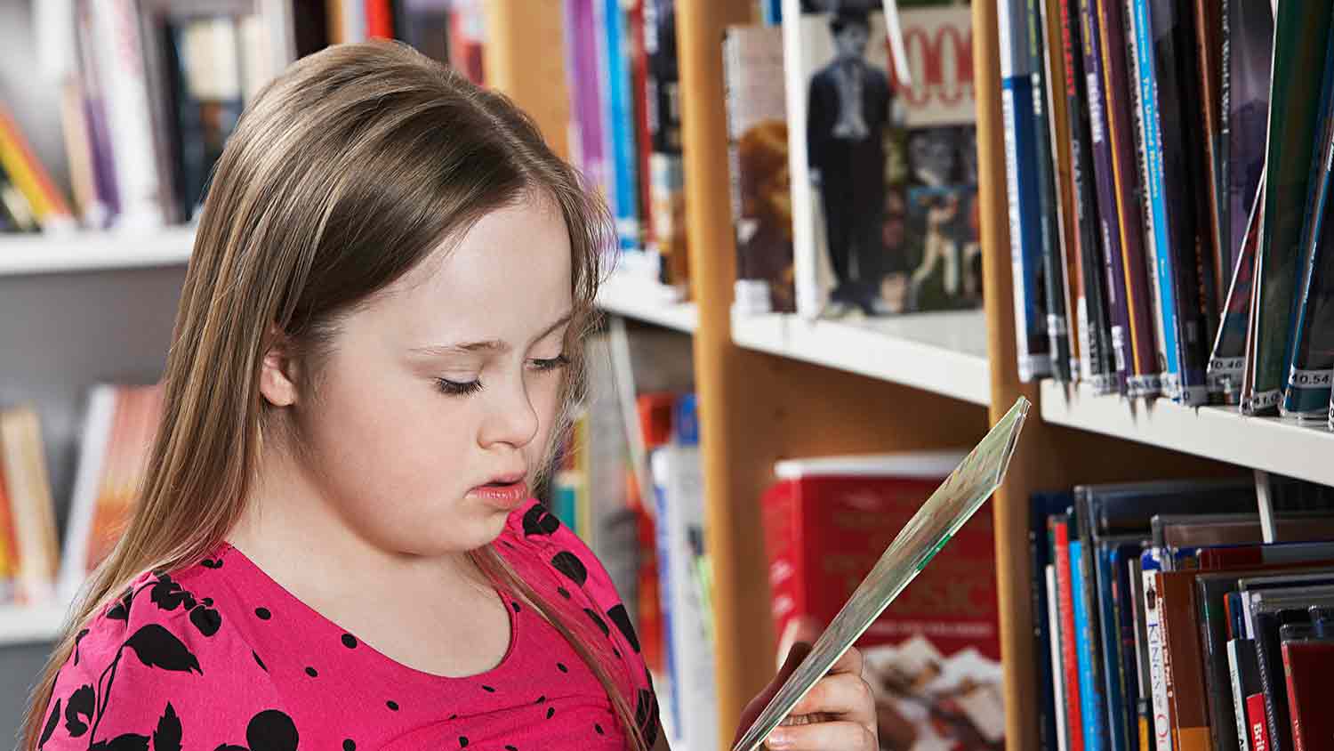 Junior school aged girl reading the back of a small thin book in a library