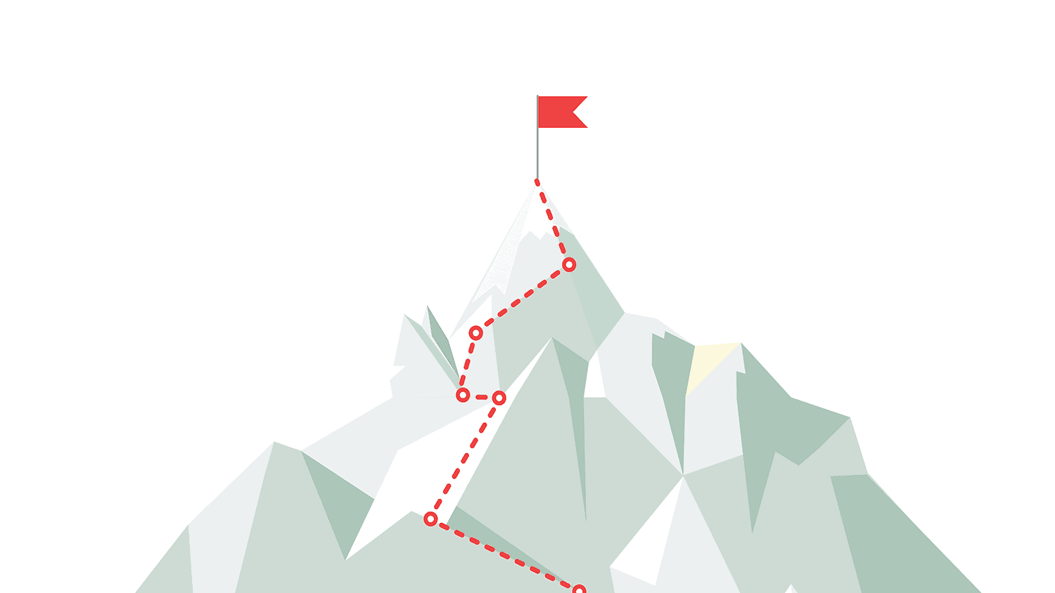 A cartoon graphic of a mountain and a dotted line traces a route to the top where a red flag sits.