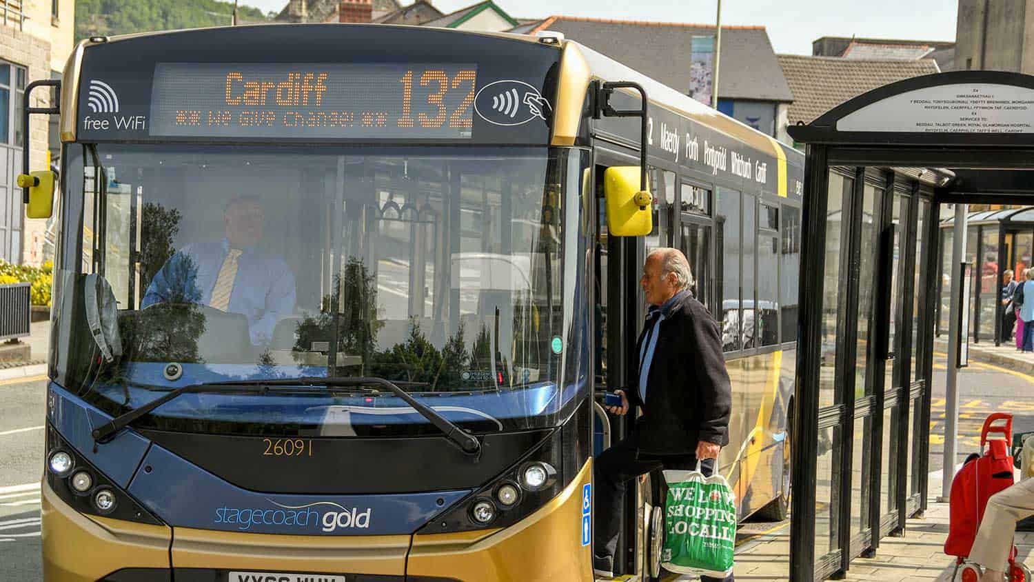 A bus picking up passengers