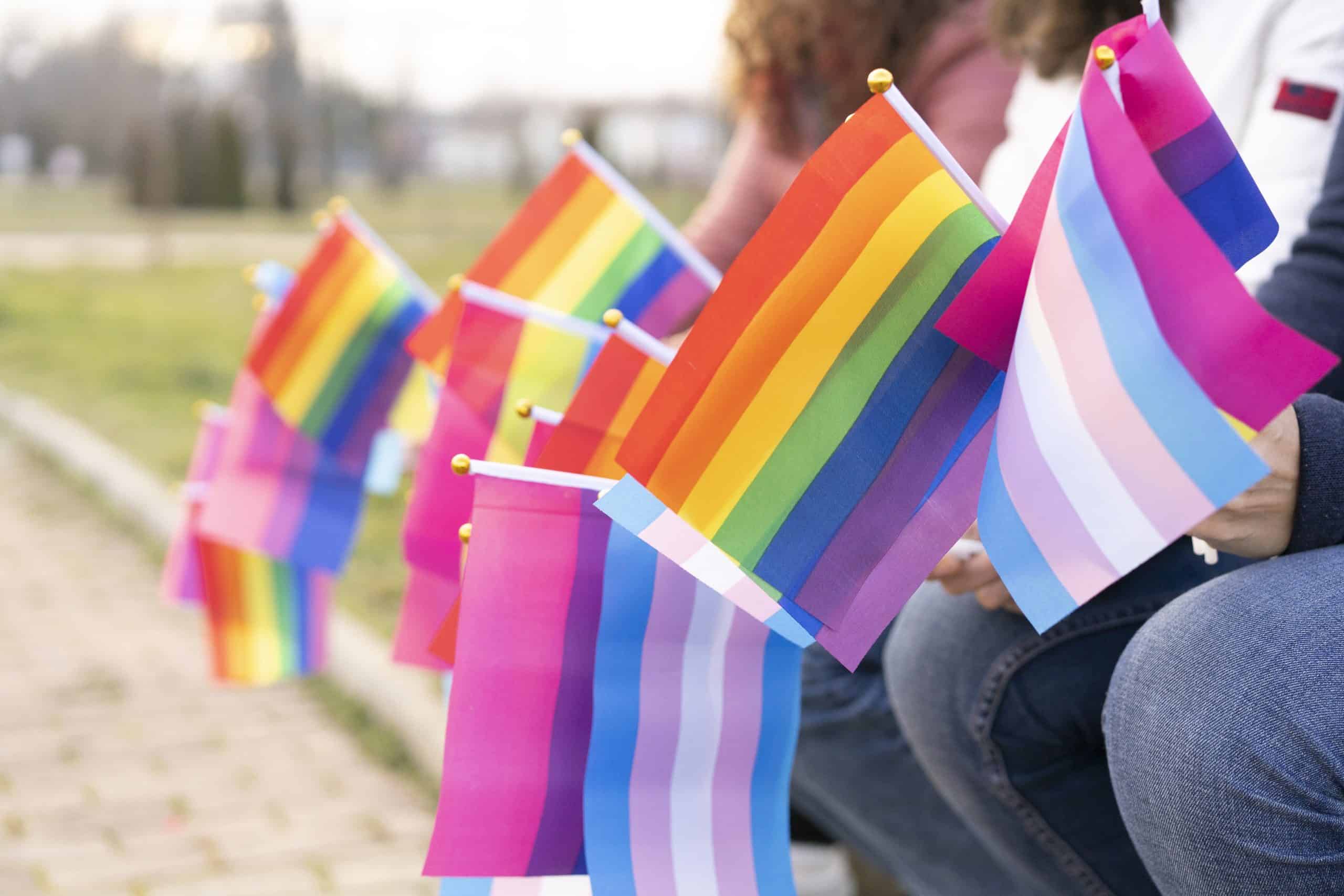 People sitting on a bench holding different flags for the protest defending the LGBTQ rights