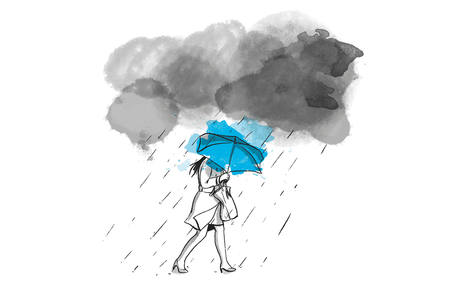 A drawing of a woman holding an umbrella under a storm