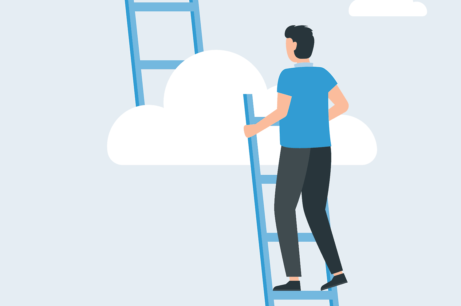 Graphic image of a man on a ladder in the clouds