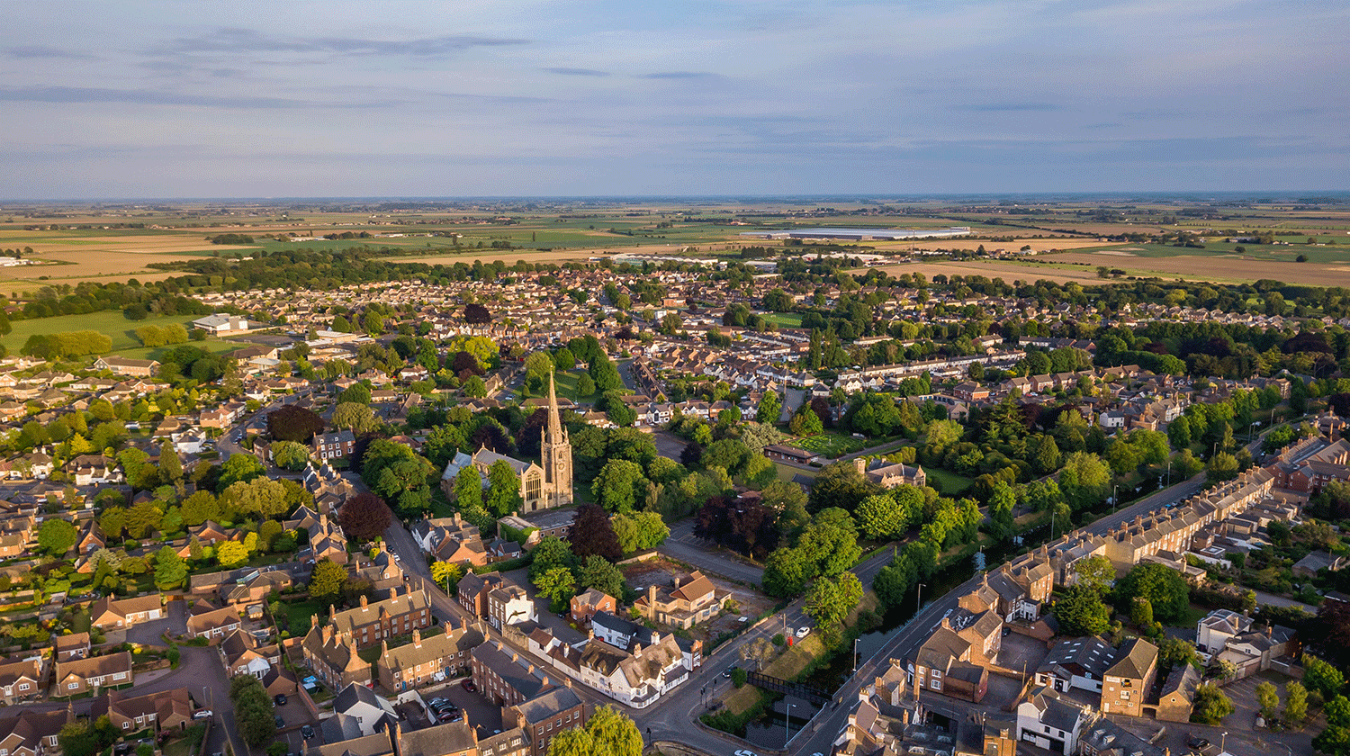 aerial view of an English town