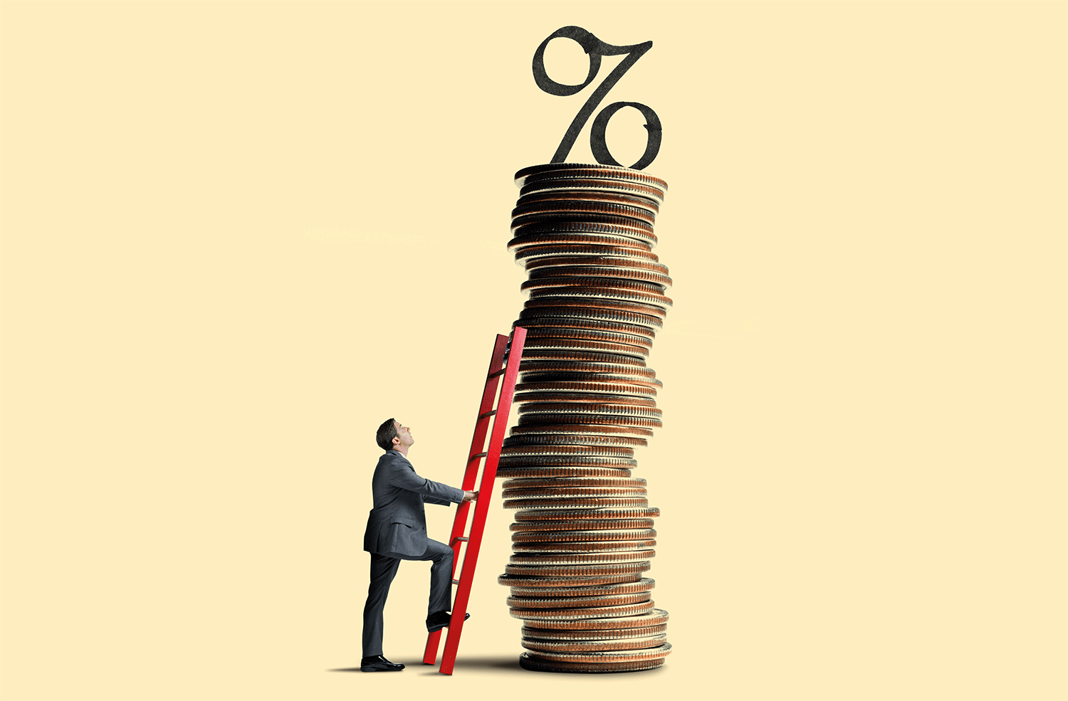 Graphic of a man climbing a ladder against a stack of coins