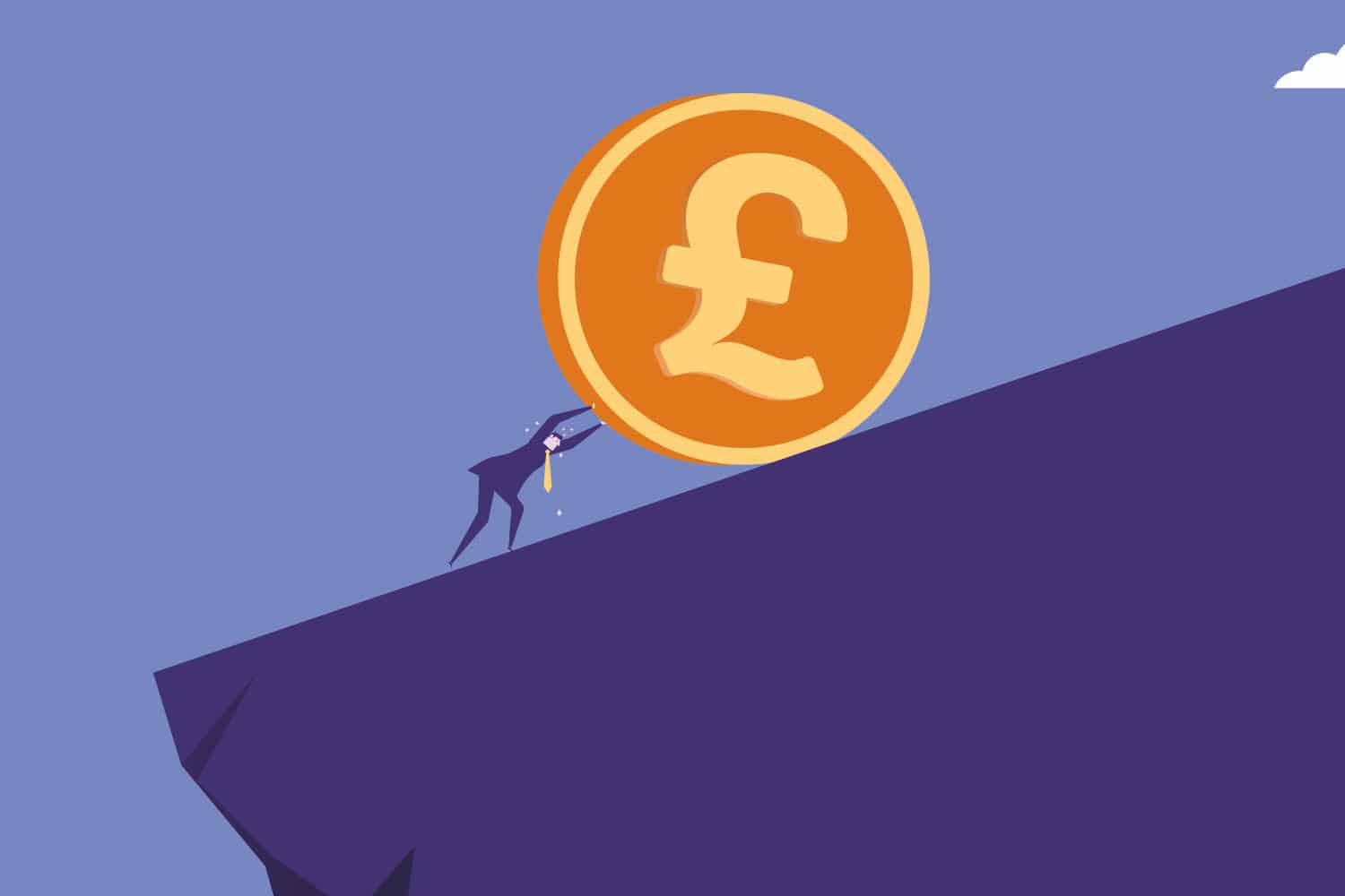 male figure pushing enormous pound coin up cliff