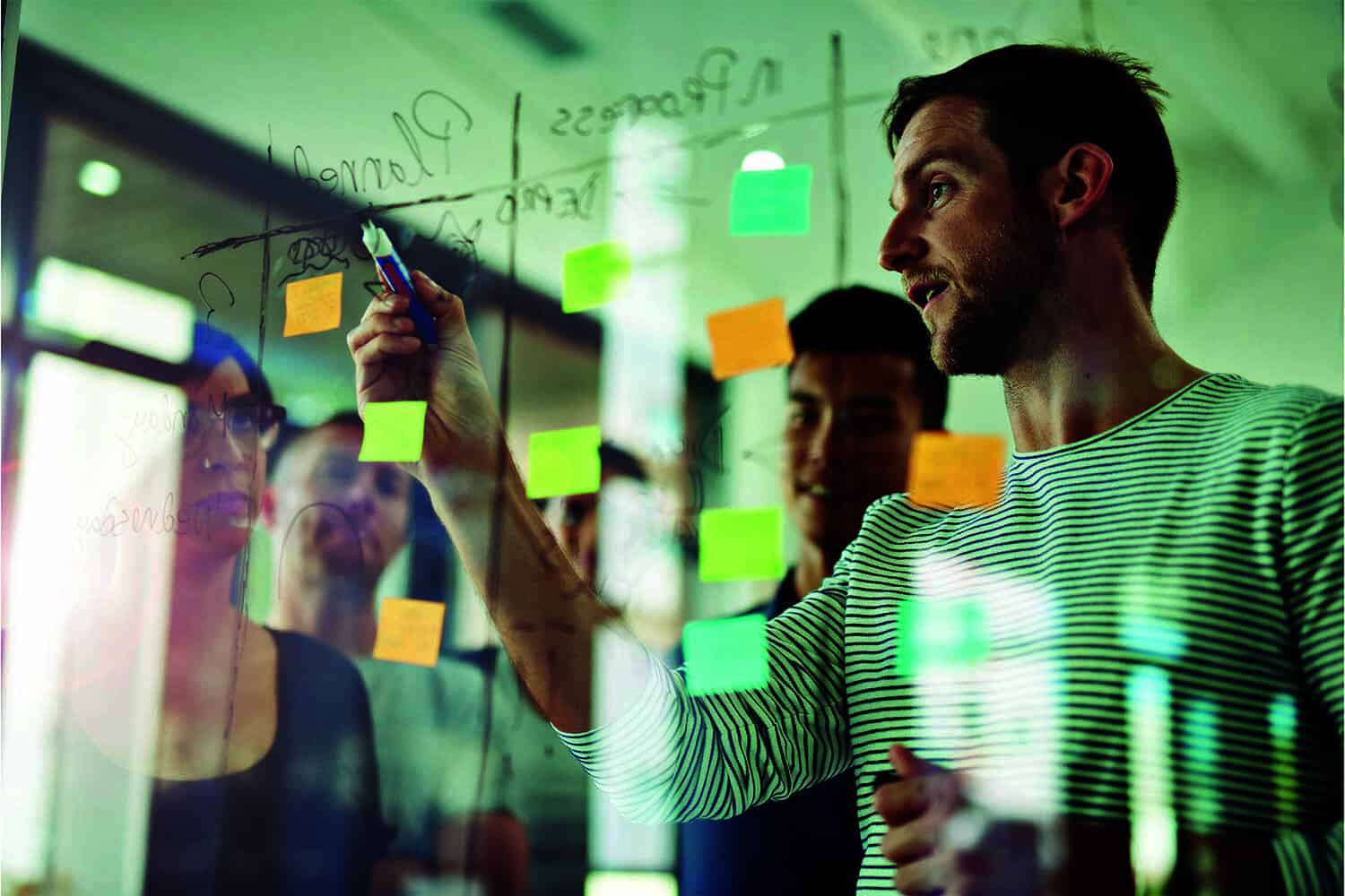 Young man writing on glass ‘ideas’ board with work colleagues