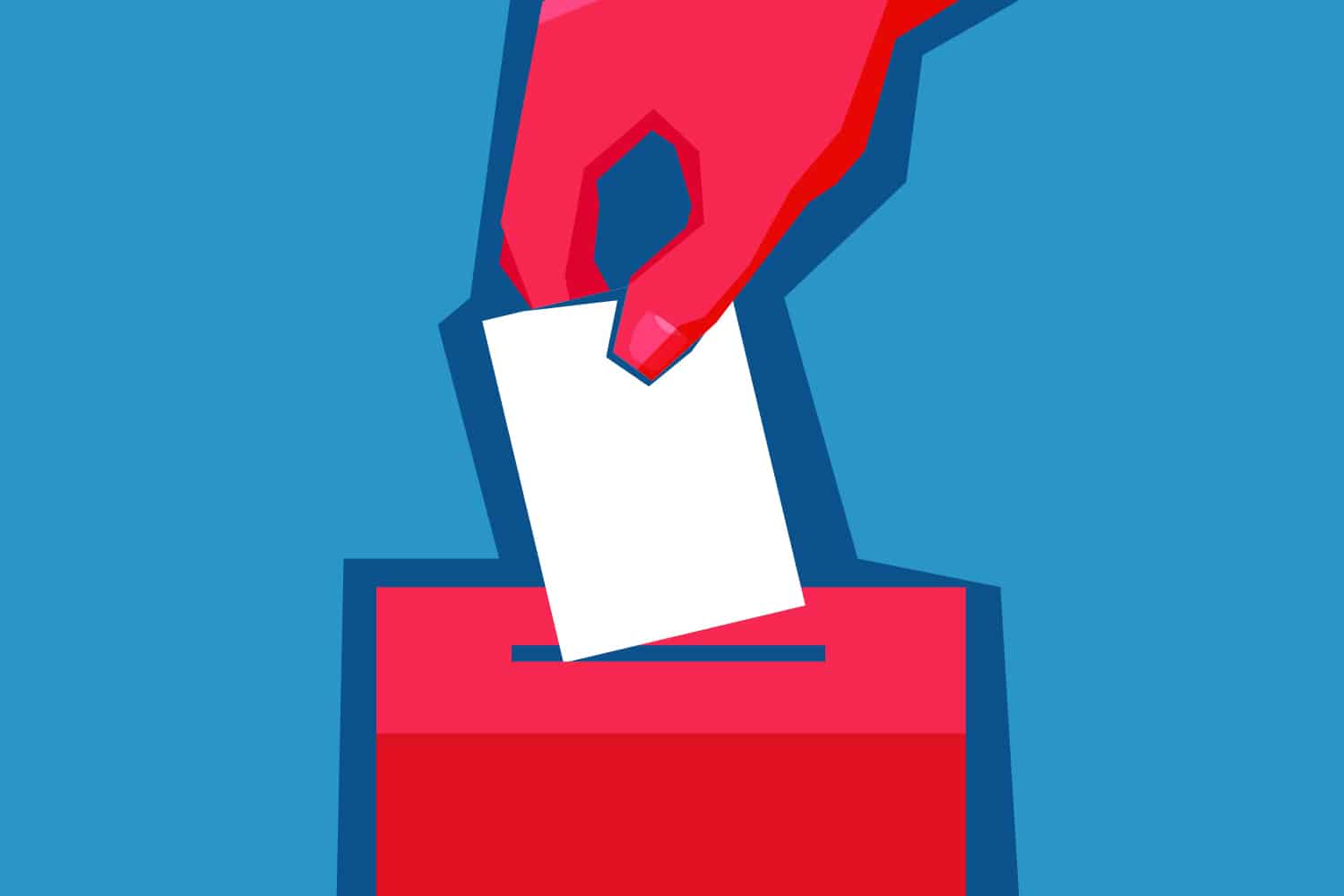 Graphic image of a hand putting a vote in a ballot box