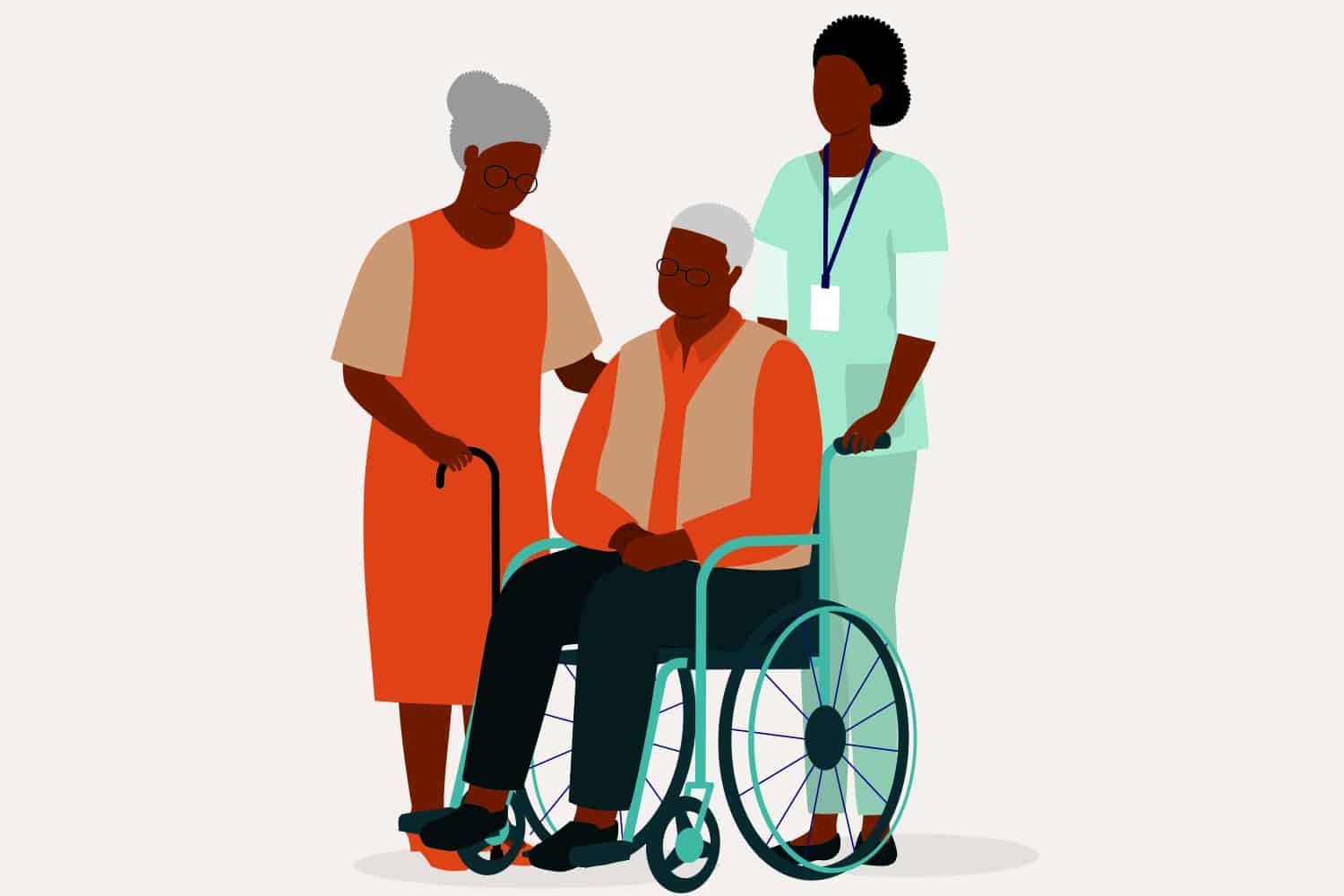 graphic of carer/medic with older man in wheelchair and older woman using a walking stick