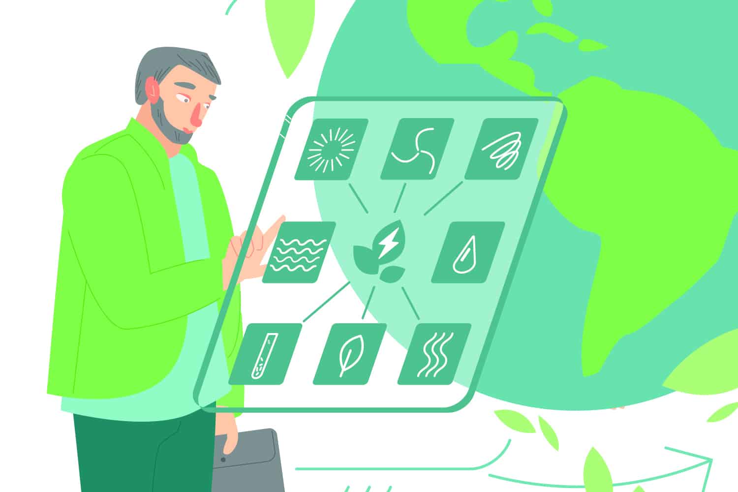 graphic of green planet and figure making green choices on keypad.