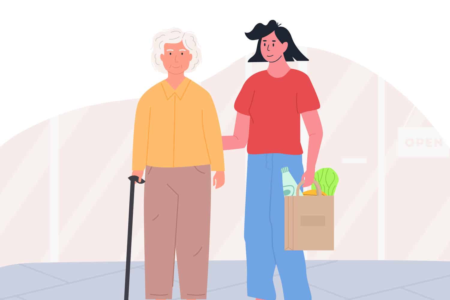 A young person carrying the shopping of an elderly person