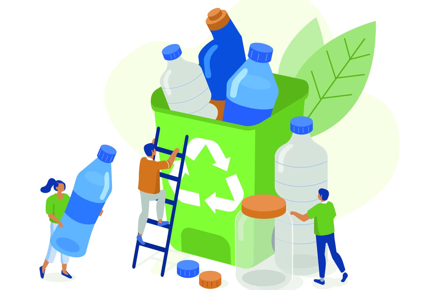 graphic of little people putting giant plastic bottles in recycling