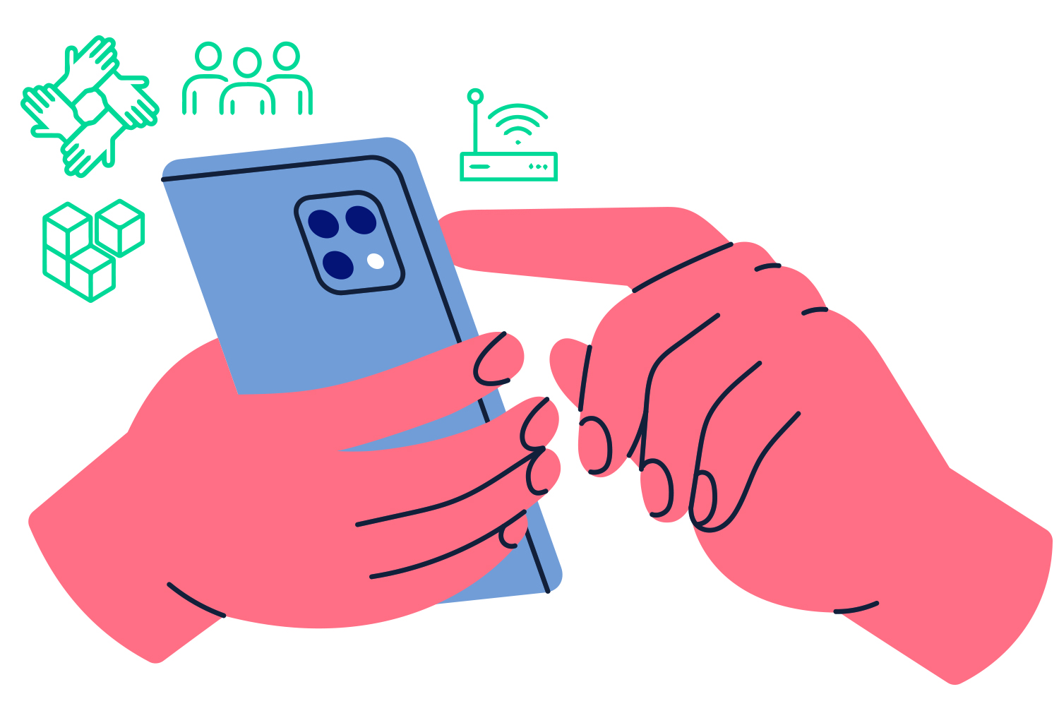 graphic of hands holding mobile phones with icons representing 12 digitalisation outcomes