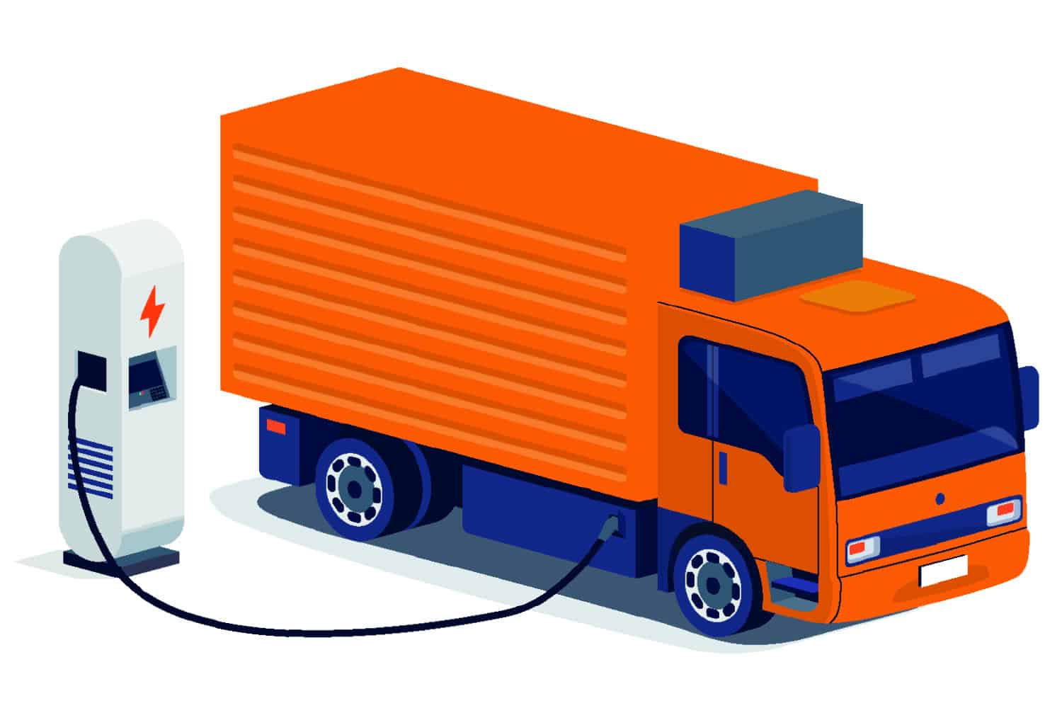 graphics of purple car, blue scooter and orange truck connected to electric charging points