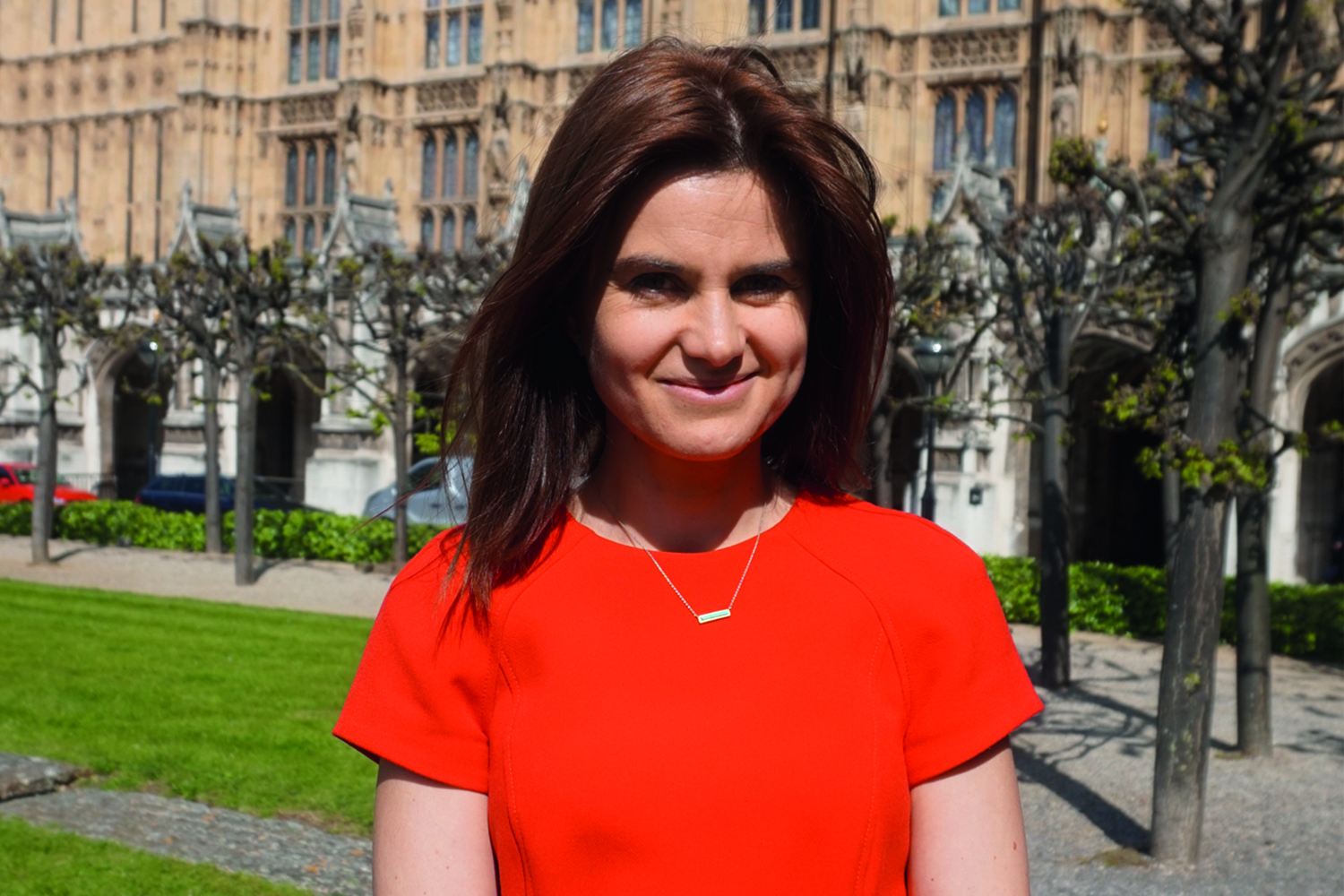 Jo Cox standing outside Parliament