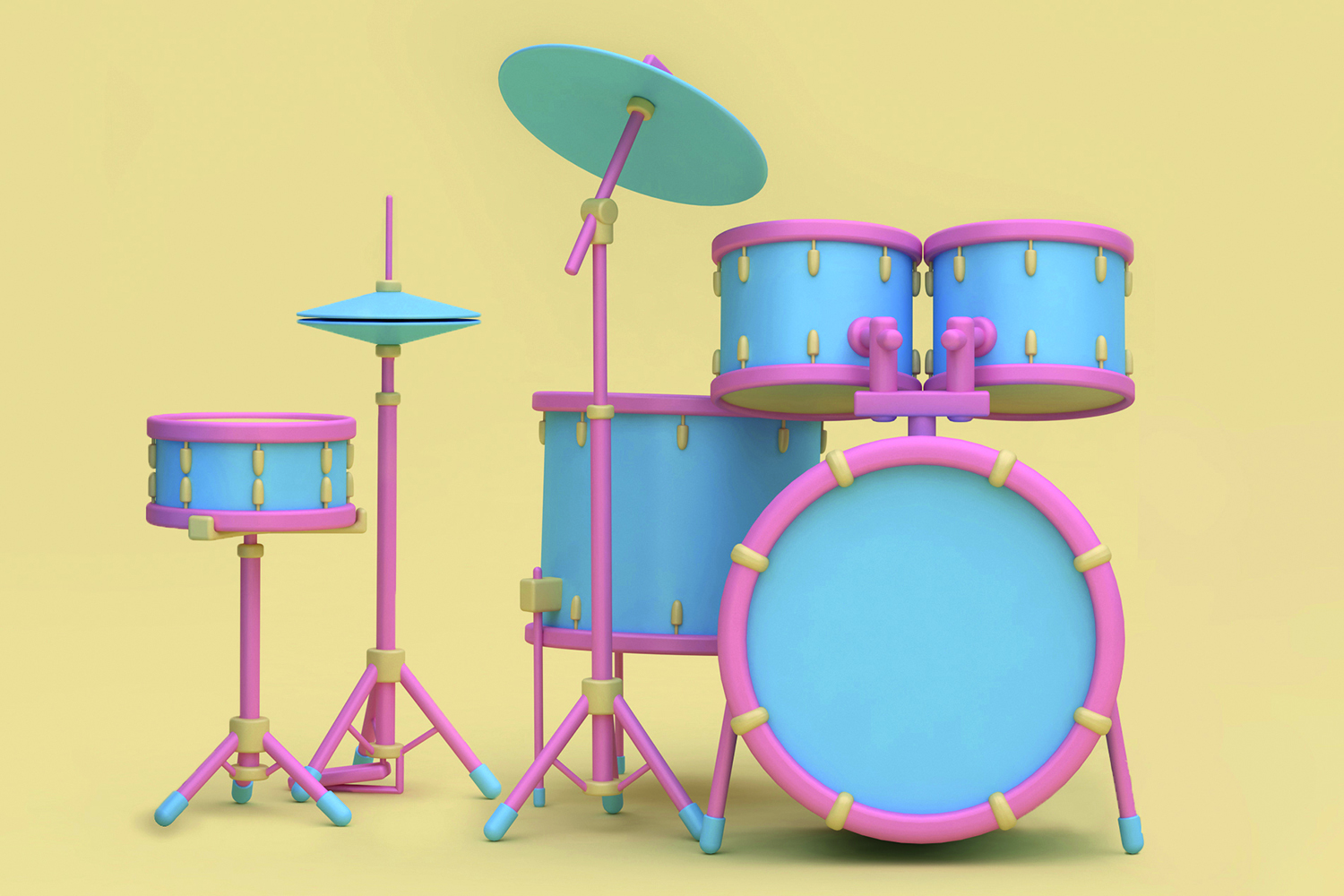 graphic of blue and pink drumkit on yellow background.