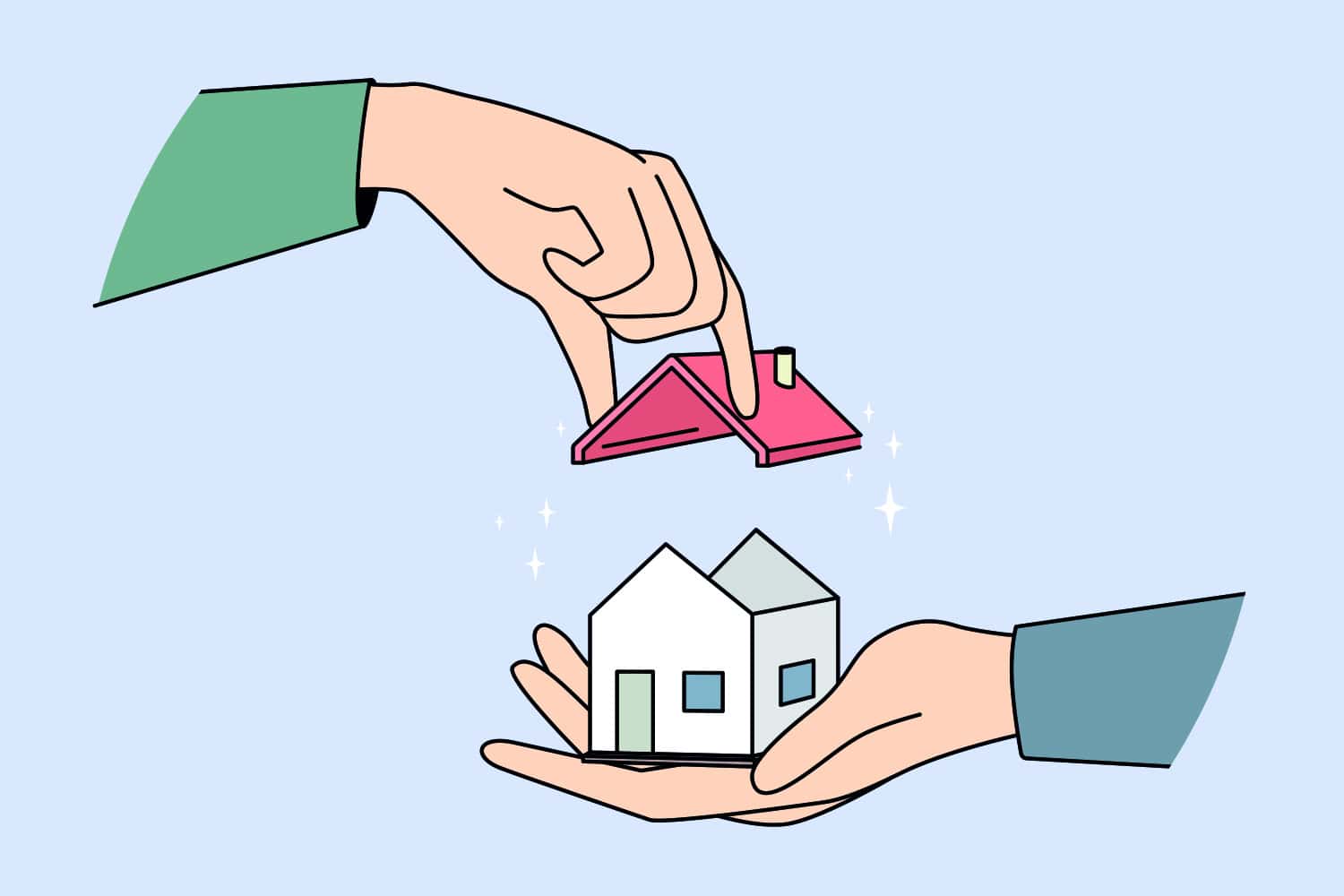 Graphic of hand holding house and lifting roof off with other hand