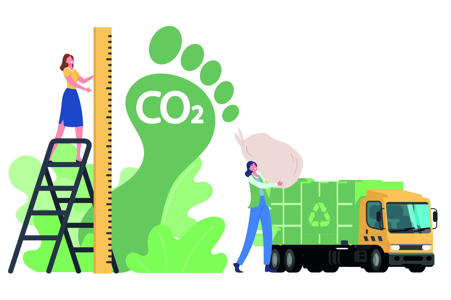 Graphic of woman on ladder measuring giant green footprint and of waste collection truck