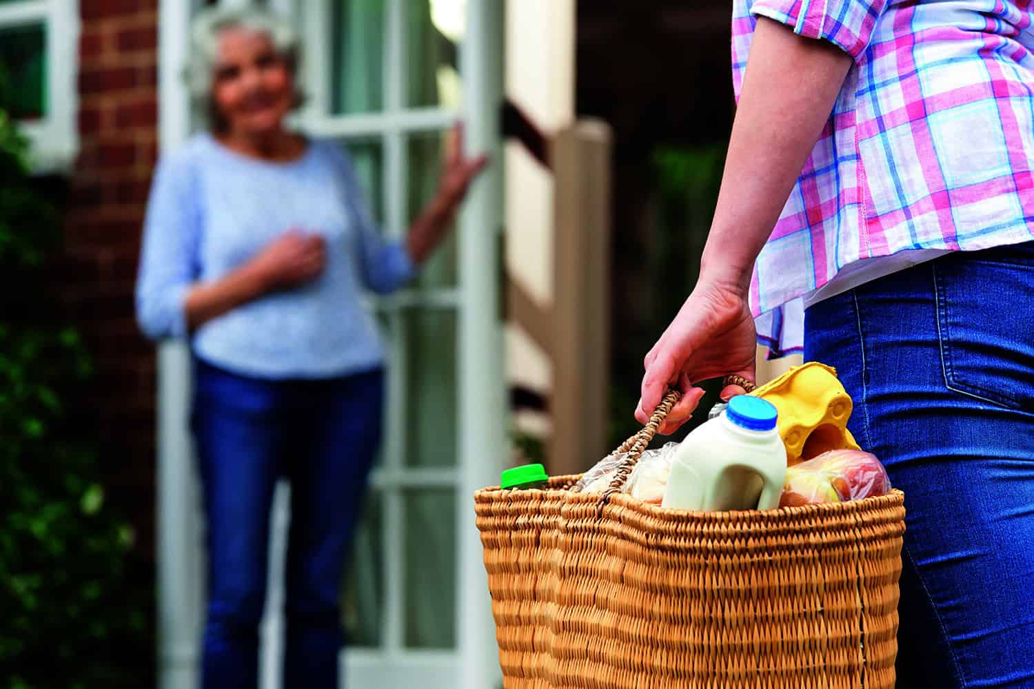 A person delivering grocery shopping to an elderly neighbour.