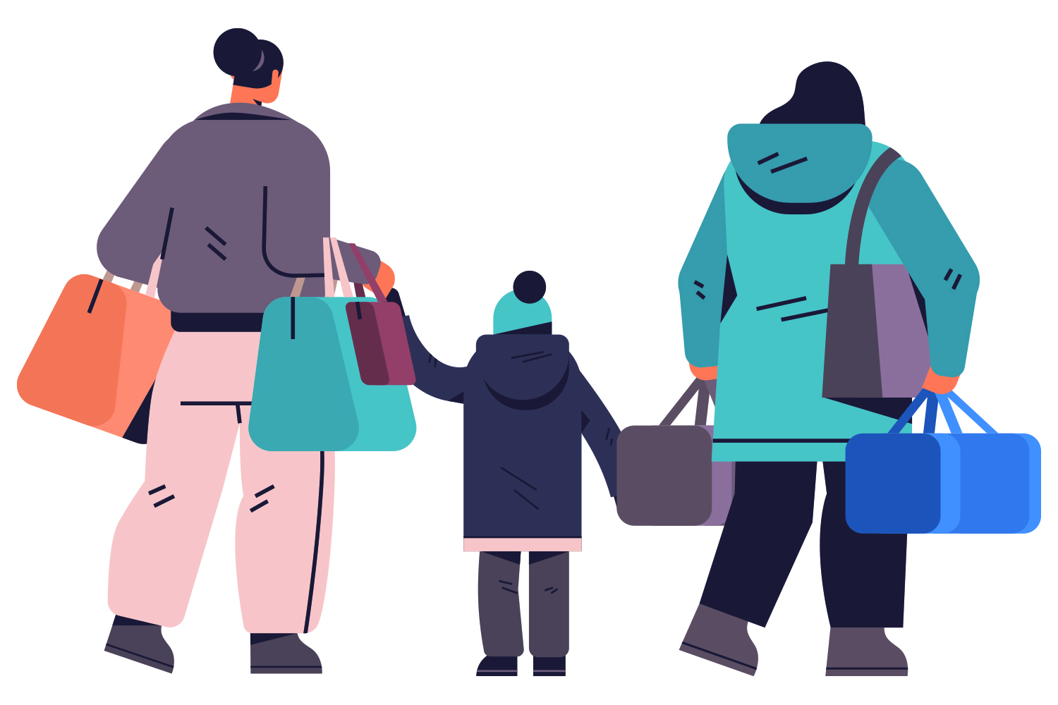 graphic of woman and children bundled up in winter coats carrying suitcases and bags.