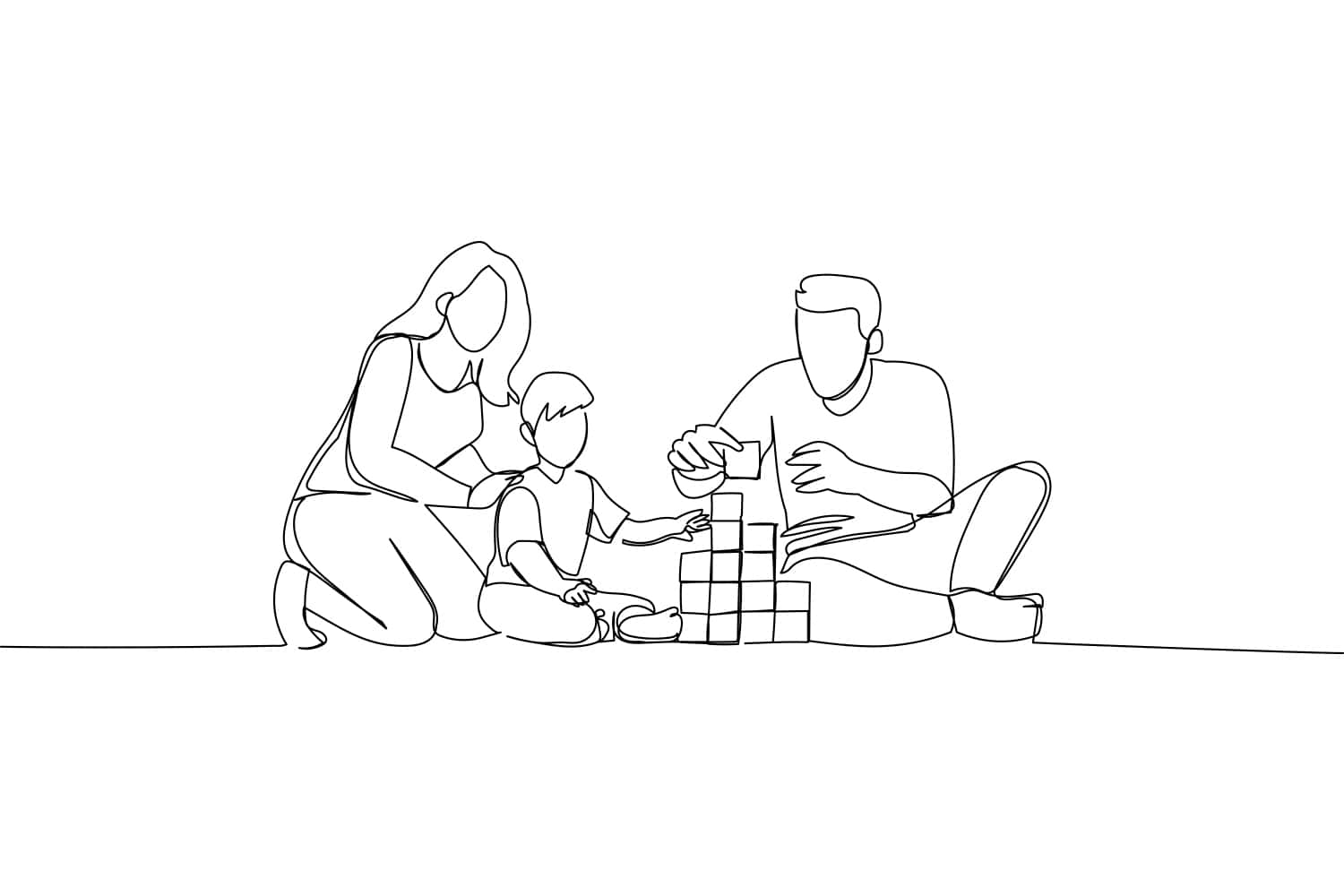 A line drawing of two parents helping a child play with building blocks