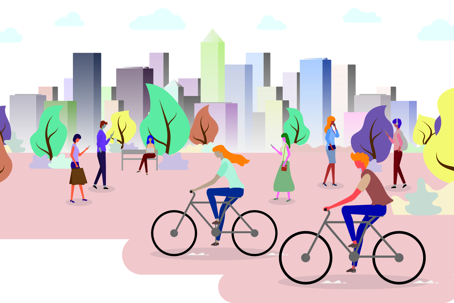 Simple graphic of people walking through a park in an unnamed city, some using bicycles and others using mobile phones