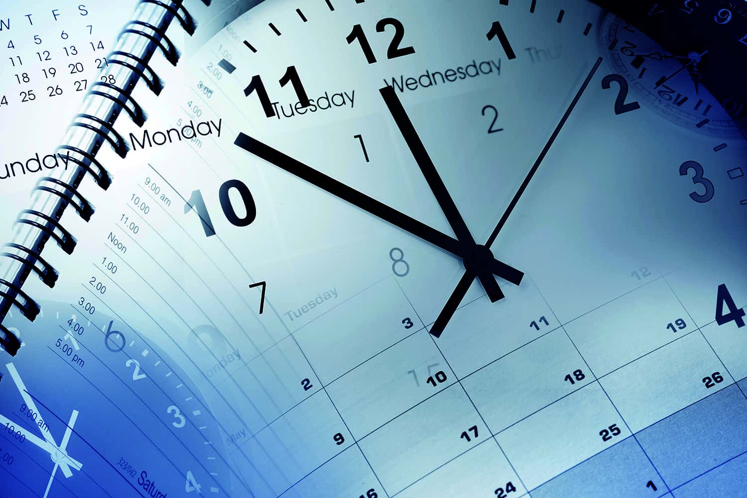 A graphic of a wall clock and a calendar blurred together to signify time going by