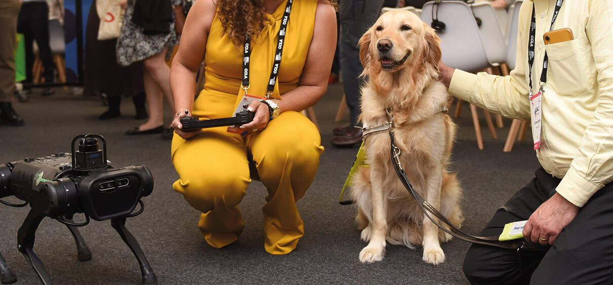 photo of Ceren Clulow, from Nottinghamshire County Council, with robot dog Eric, in the Innovation Zone at the LGA's 2022 annual conference in Harrogate;