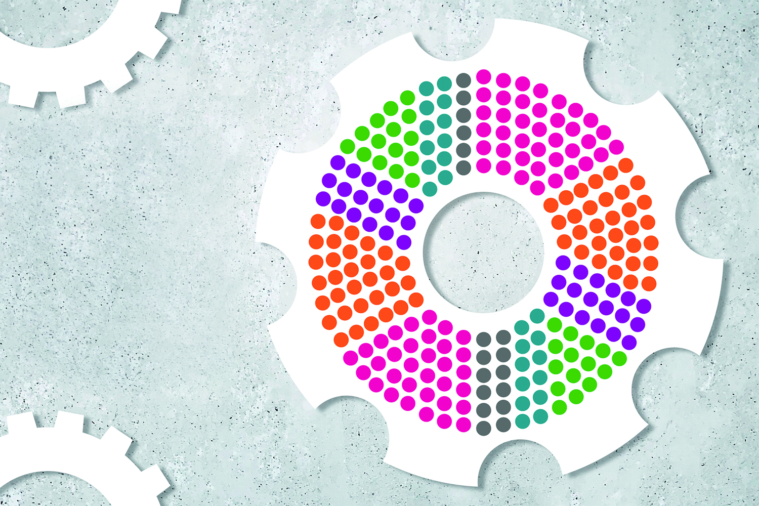graphic of cog with multi-coloured dots inside it