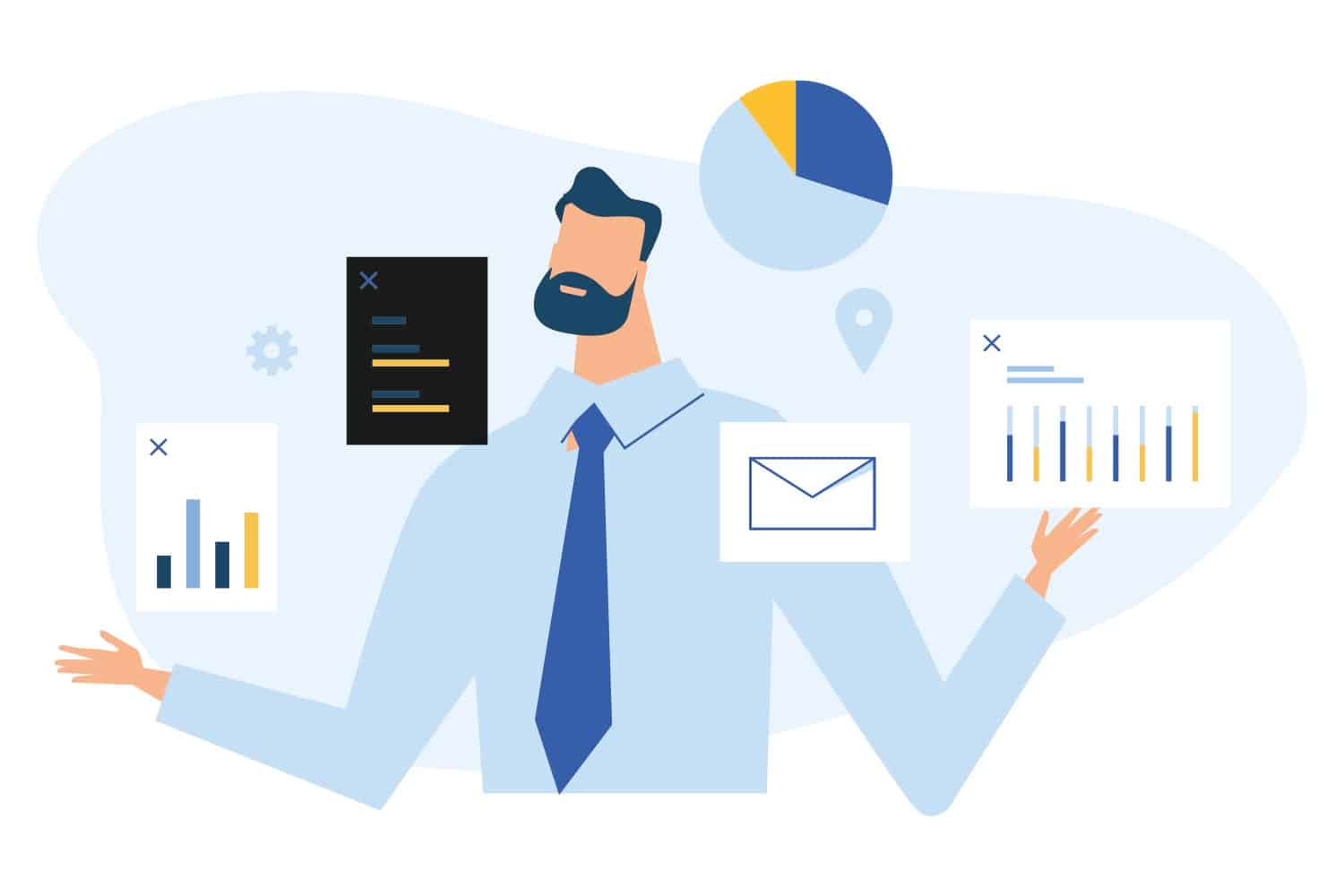 Illustration of a man in work attire with graphs and document icons around him