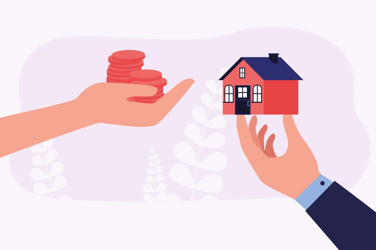 Illustration of a hand holding up money and another hand holding up a house