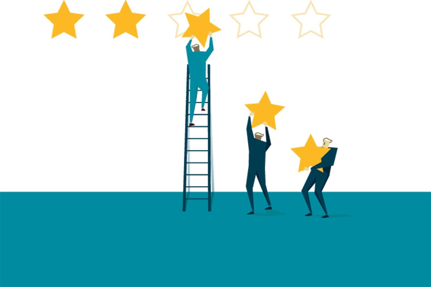 graphic of business people in suits standing on a ladder to hang up gold stars