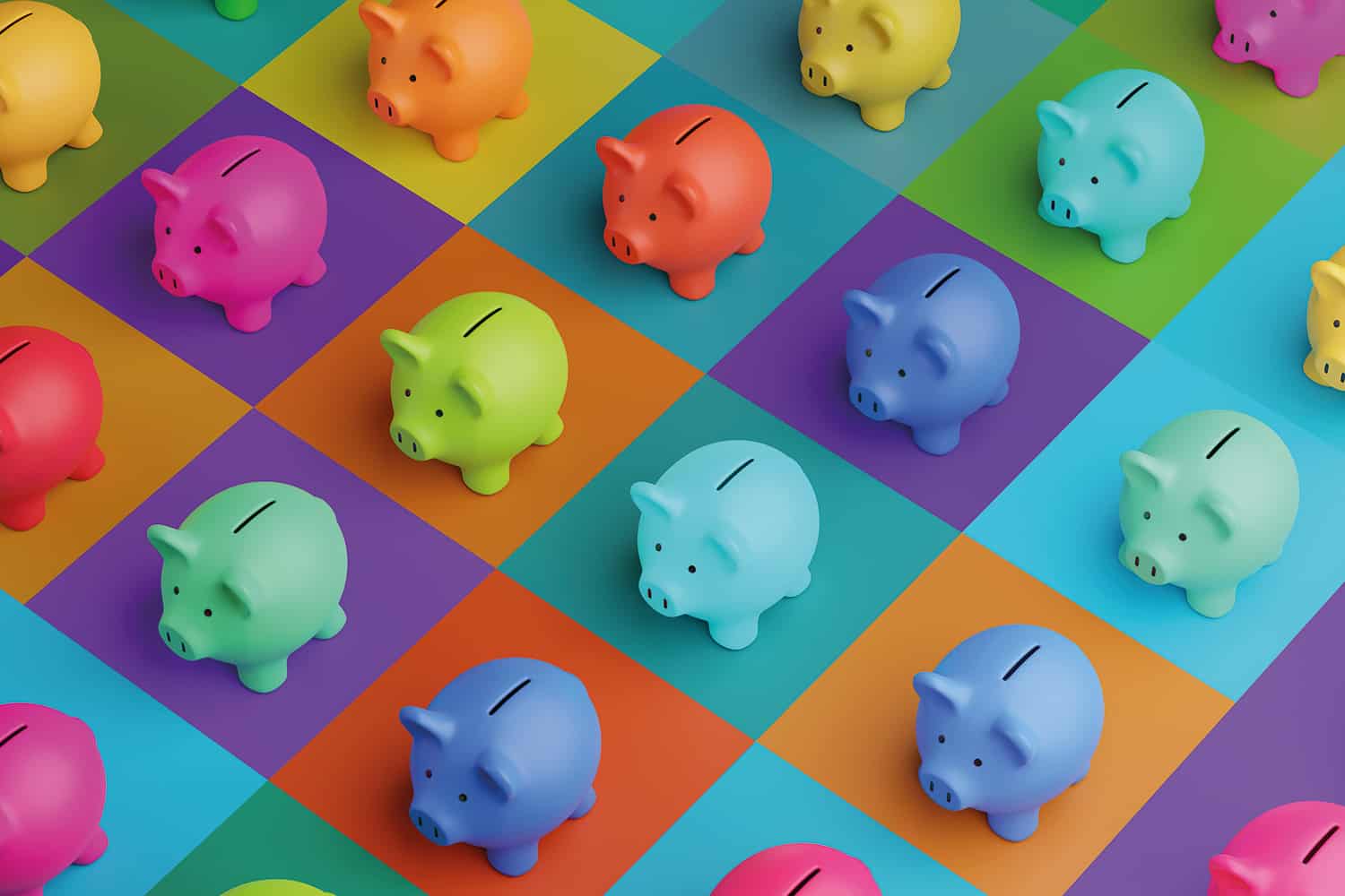 different colour piggy banks on different colour squares.