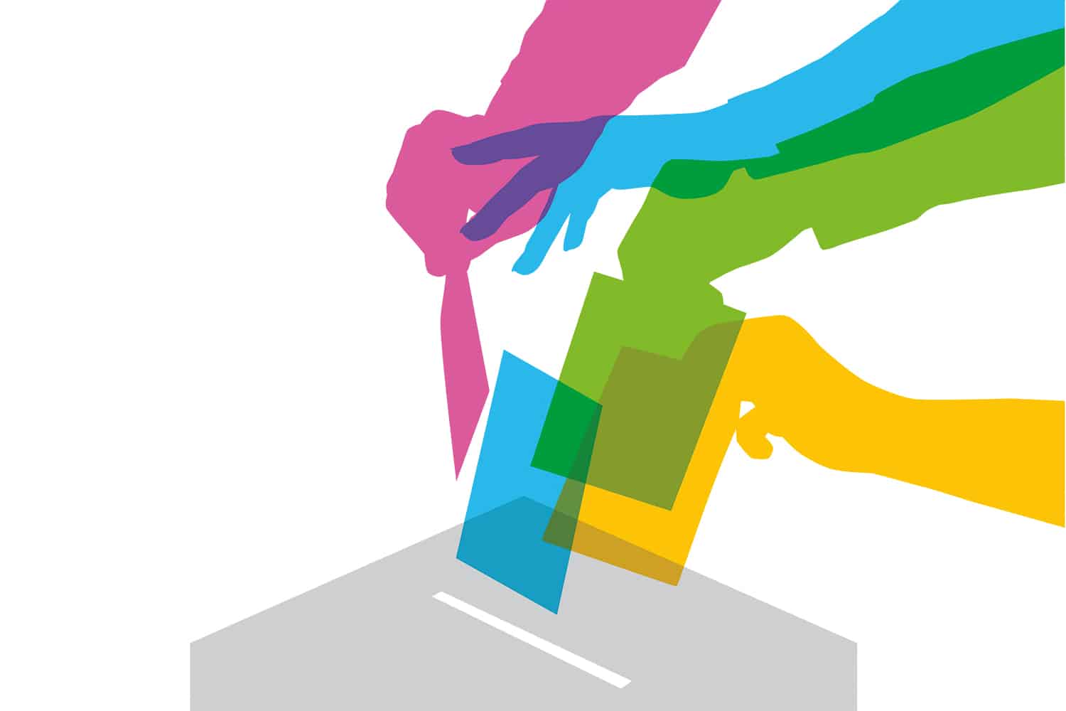 A graphic of multiple hands placing their vote into a ballot box