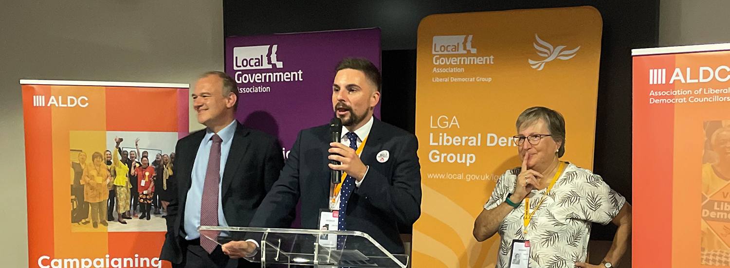 photo of Lib Dem Leader Sir Ed Davey; Cllr Joe Harris, Leader of the LGA’s Liberal Democrat Group; and Cllr Prue Bray, Chair of the Association of Liberal Democrat Councillors