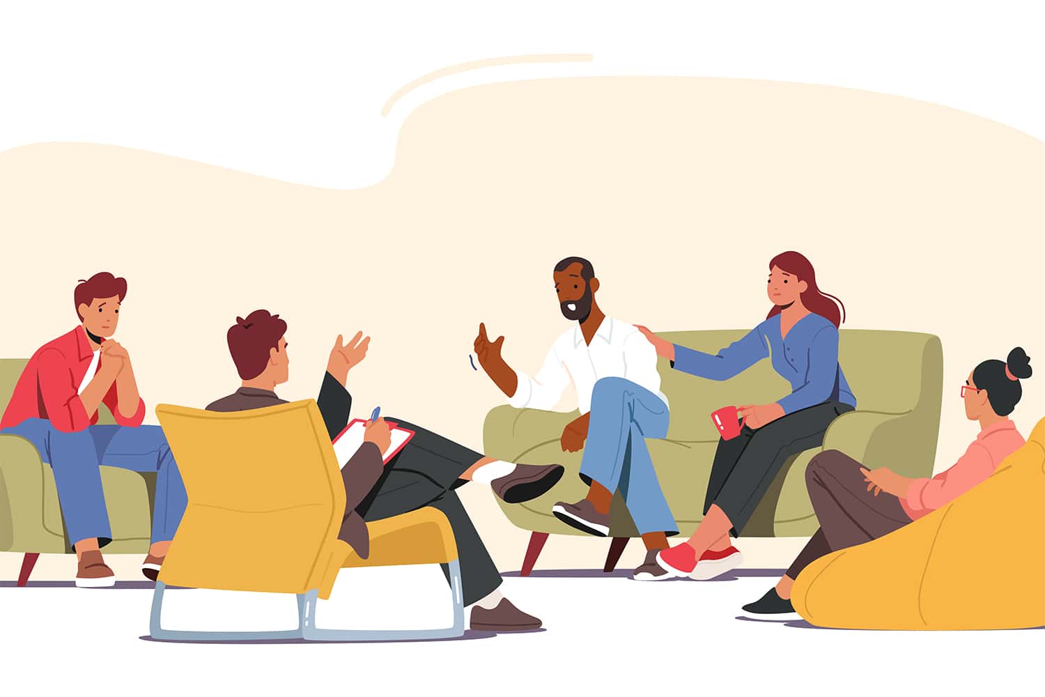 graphic of mixed group of adults on comfy and colourful chairs and sofas sharing views with man with clipboard