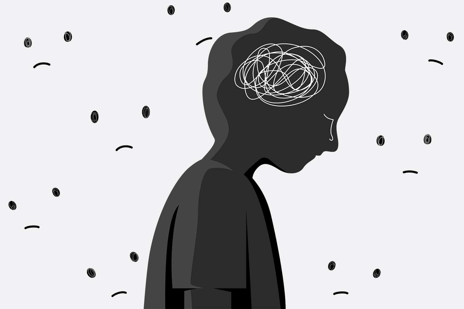 graphic of cartoon child in profile and shadow, head down, with squiggly lines in head, with sad eyes and mouths looking on, on grey background