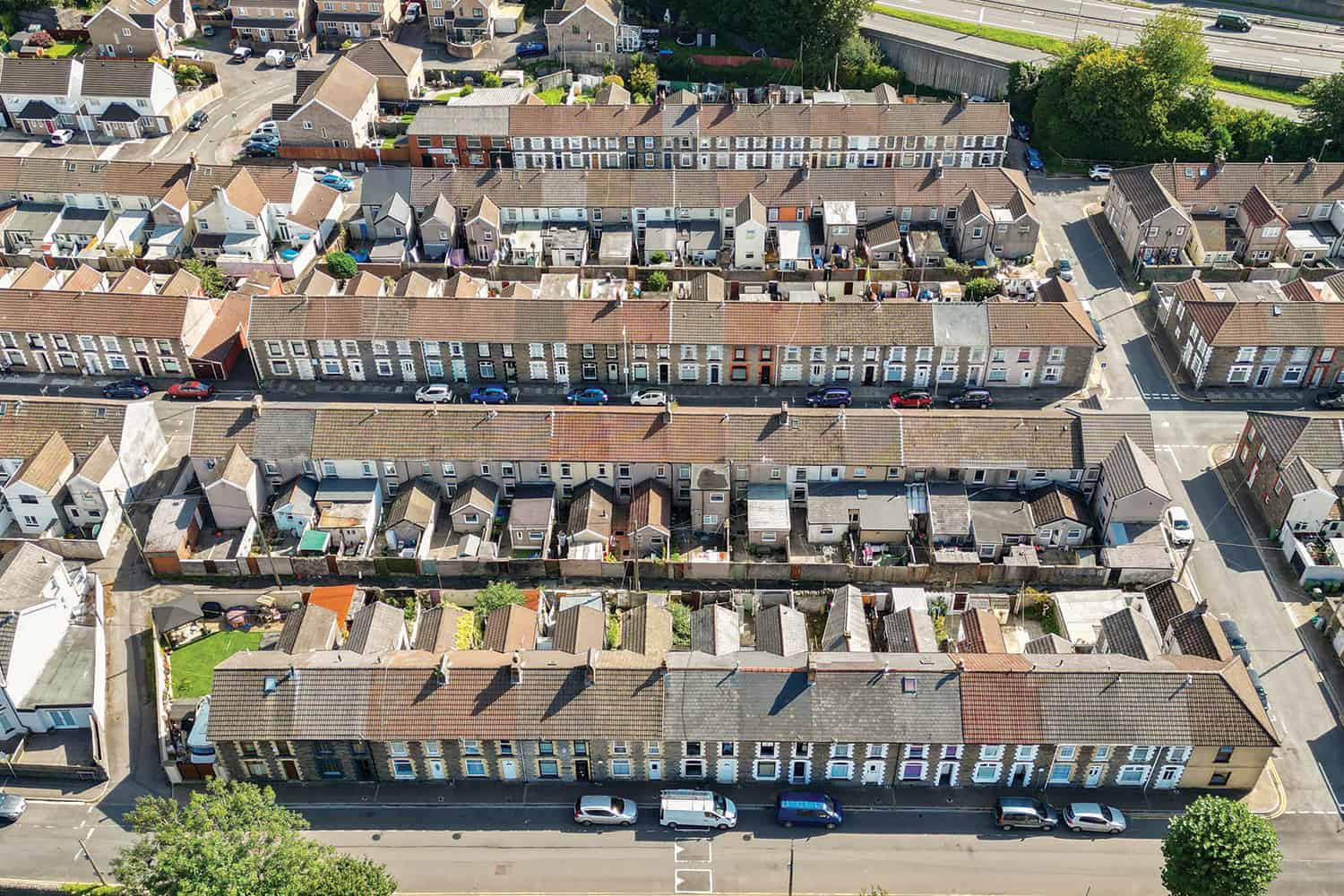 Aerial shot of several streets of houses