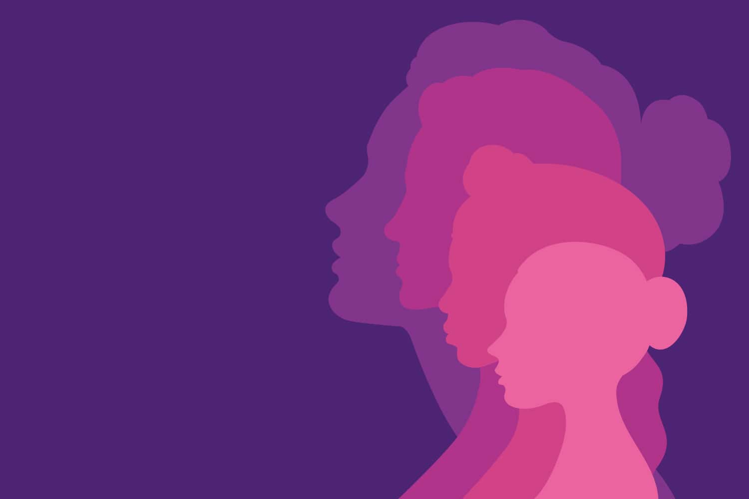 graphic of silhouettes of four diverse women’s profiles, in shade of pink and purple; individual photos of four women councillors