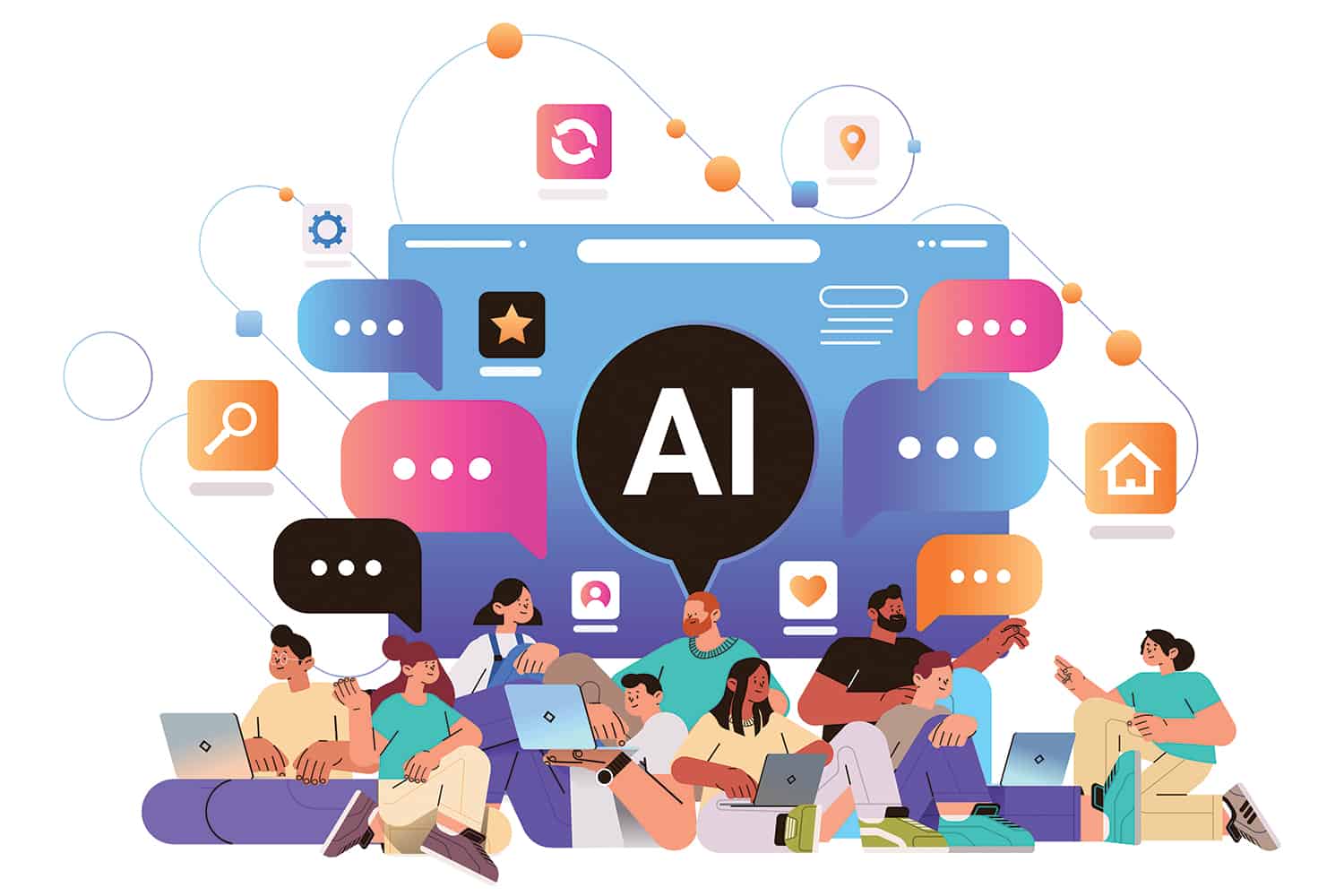 graphic of cartoon figures sitting in group in front of a big screen with ‘AI’ on it, working on laptops and interconnecting