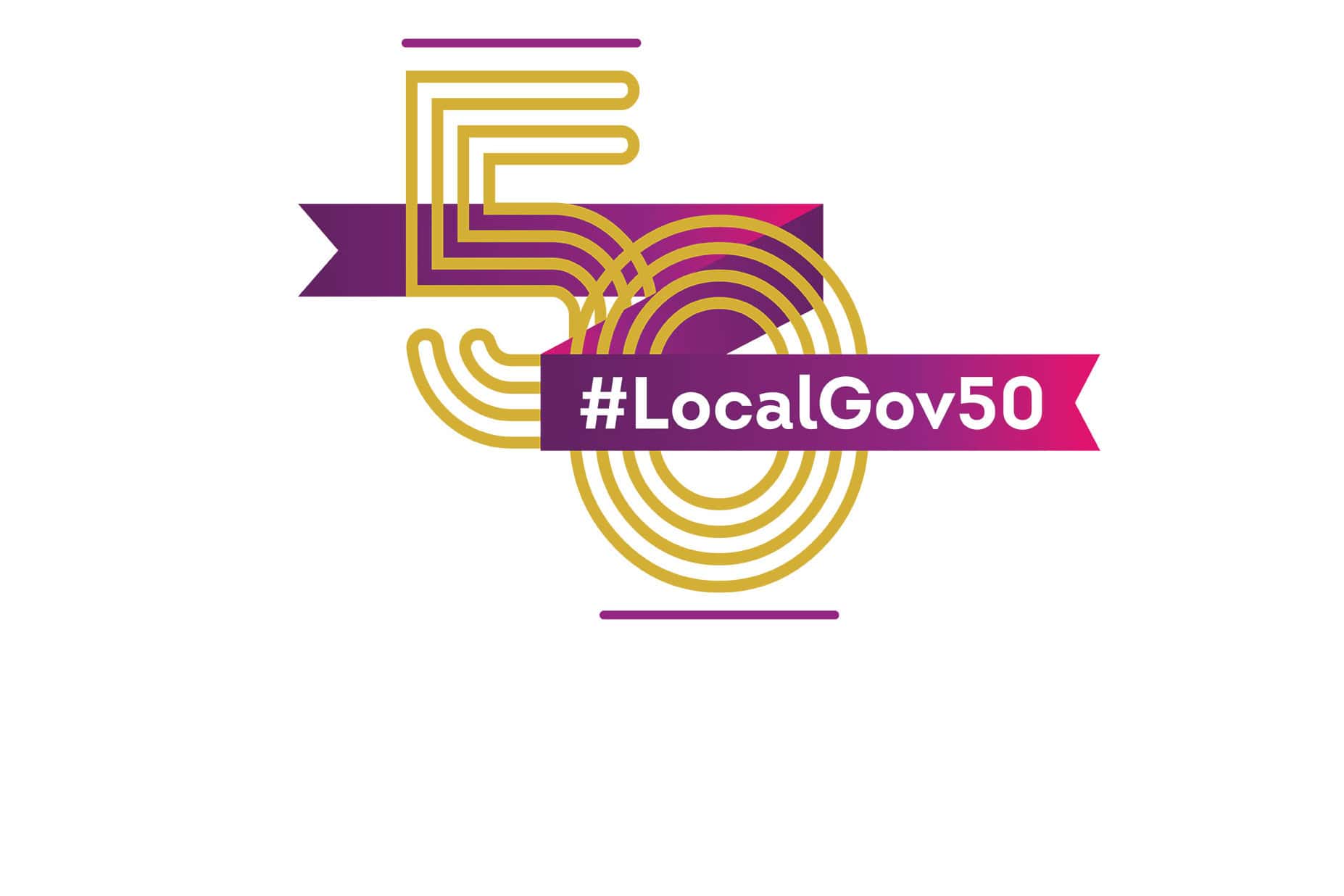 LGA #LocalGov50 hashtag with big ‘50’ in gold, with gold and silver balloons